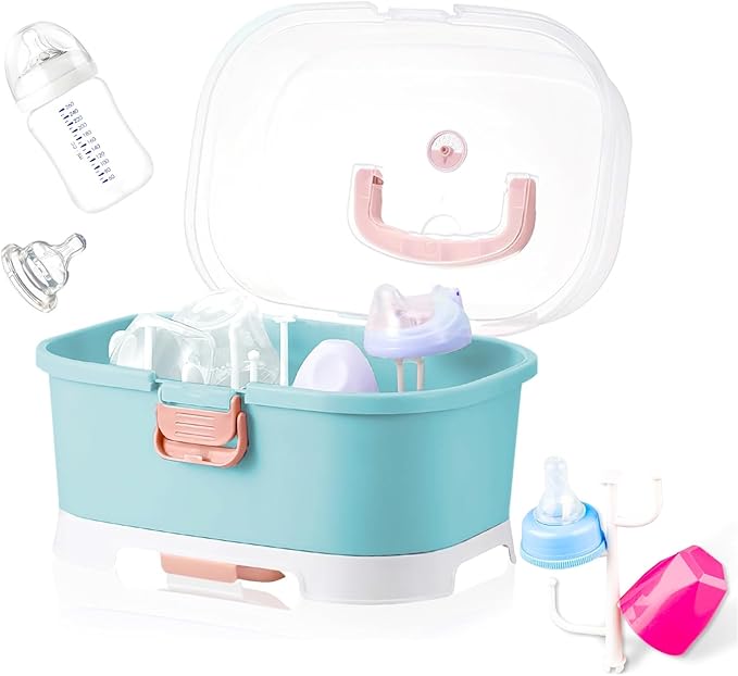 Baby Bottle Organizer for Storage, Baby Bottle Storage Large Capacity with Lid Cover Anti-Dust Protection and Cutlery Storage Drying Rack Portable Large Capacity Bottle Organizer(Green)