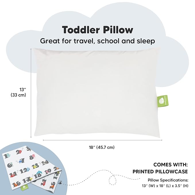 Toddler Pillow with Pillowcase - 13x18 My Little Dreamy Kids Travel Bed Pillows for Sleeping, Organic Cotton Small Pillowcase, Soft & Breathable, Machine Washable, Toddlers 2-5 Years Old (Kea123)
