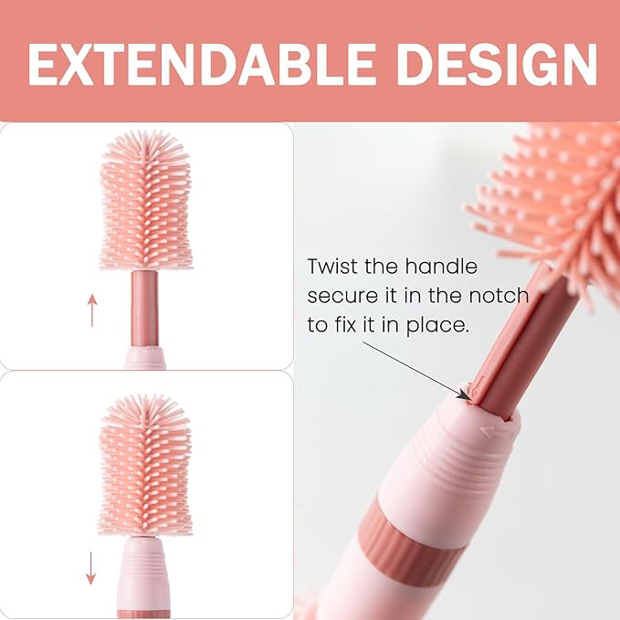 Travel Bottle Brush, 6-in-1 Portable Travel Bottle Cleaner Kit with Small Bottle Brush Built in Drying Rack, Nipple Brush, Straw Brush, Soap Dispenser, for Baby Bottles Under 8 OZ, BPA-Free(Pink)
