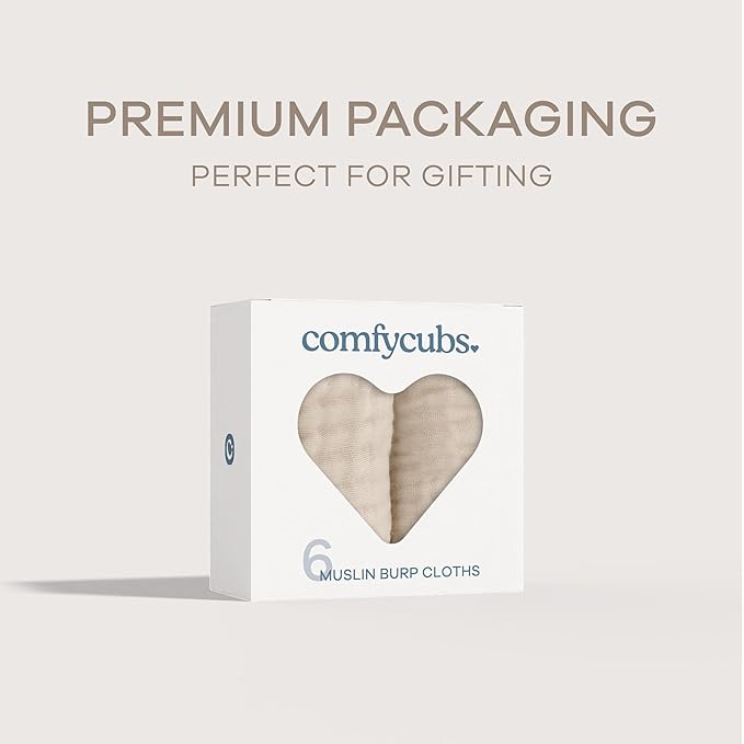 Comfy Cubs Muslin Burp Cloths 20" x 10", Pack of 6 - Large, 6-Layer, Ultra Absorbent 100% Cotton for Baby Drool and Messes - Soft, Safe & Gentle Baby Burp Cloths Set for Boys & Girls - Sand