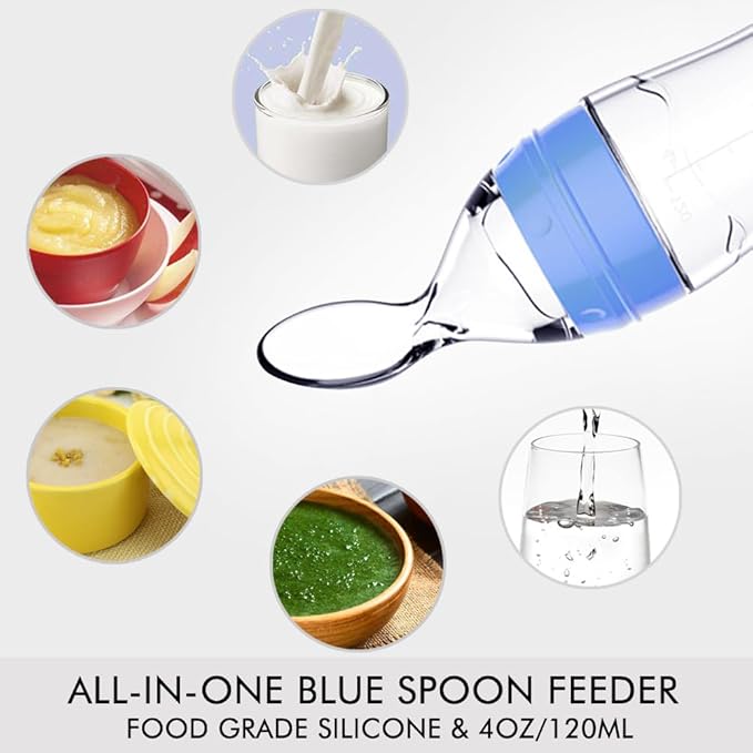 Matyz 2 PCS Silicone Baby Food Dispensing Spoon (Blue, 4oz/120ml) Squeeze Feeder with Spoon - Spoon Bottle for Baby - Baby Spoon Feeder Bottle Baby Solid Food Feeder - Ideal for 4 Months+ Babies
