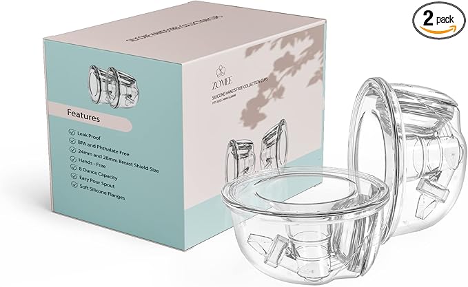 Zomee Hands-Free Collection Cups – 8oz Capacity – Includes 19mm, 21mm & 24mm Breast Shields – Soft Silicone, BPA & Phthalate Free – Portable, Discreet, Leak-Proof