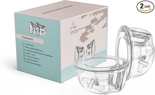Zomee Hands-Free Collection Cups – 8oz Capacity – Includes 19mm, 21mm & 24mm Breast Shields – Soft Silicone, BPA & Phthalate Free – Portable, Discreet, Leak-Proof