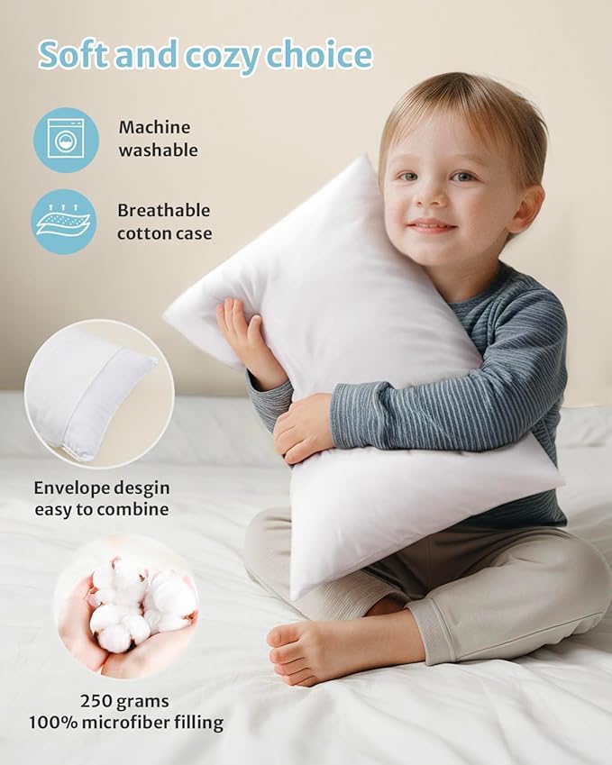 Babebay Toddler Pillow,13X18 Soft Toddler Pillows for Sleeping, Machine Washable Kids Pillow with Cotton Pillowcase, Perfect for Travel (White)