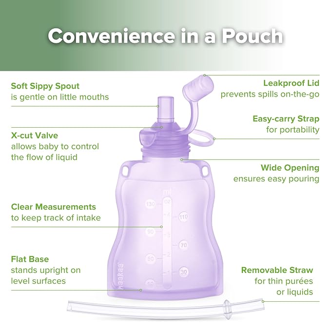 haakaa Baby Food Pouch Refillable Baby Squeeze Silicone Yummy Pouch, Soft Reusable Squeeze Storage Food Pouch for Kids Toddler,Home Made Food Puree,Smoothie Pouch Bag, 4oz, 4 Pack,6m+(Lavender)