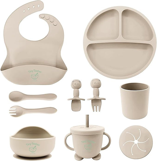 10-Piece Silicone Baby Feeding Set – BPA-Free, Spill-Proof Suction Plate, Bowl, Bib, Snack Cup & Utensils | Dishwasher Safe, Baby Gift Ready (Beige)