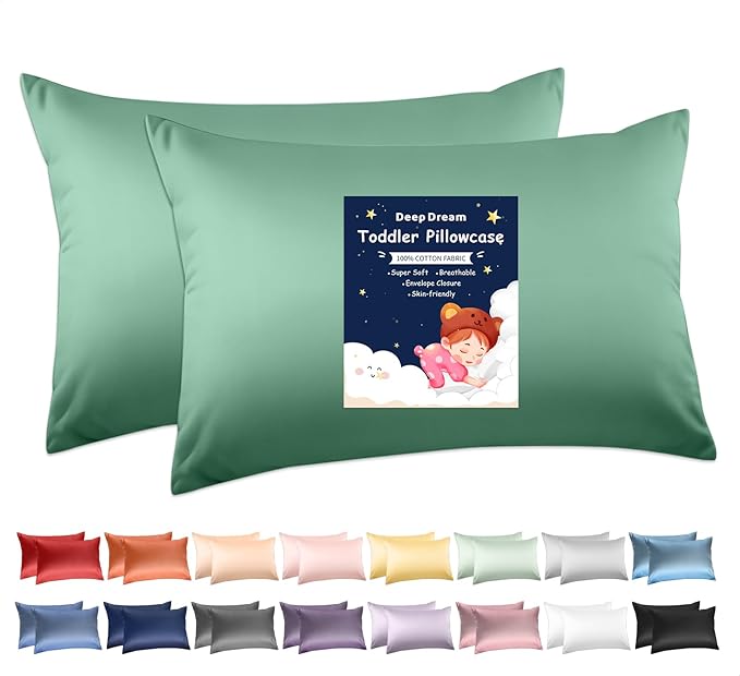 Deep Dream 100% Cotton Toddler Pillowcases Set of 2, 13x18 Inches Fits Baby Pillow Sized 12x16, 13x18, 600 Thread Count Cotton Small Travel Kids Pillow Case with Envelope Closure, Forest Green