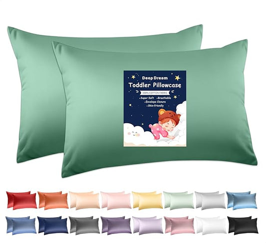 Deep Dream 100% Cotton Toddler Pillowcases Set of 2, 13x18 Inches Fits Baby Pillow Sized 12x16, 13x18, 600 Thread Count Cotton Small Travel Kids Pillow Case with Envelope Closure, Forest Green