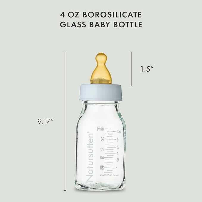 Natursutten Glass Baby Bottles 8 oz and 4 oz - Anti-Colic Baby Bottles for Breastfeeding Babies, Suitable for Boiling and Freezing - Bottles with Natural Rubber, Slow Flow Nipples for Newborn Babies