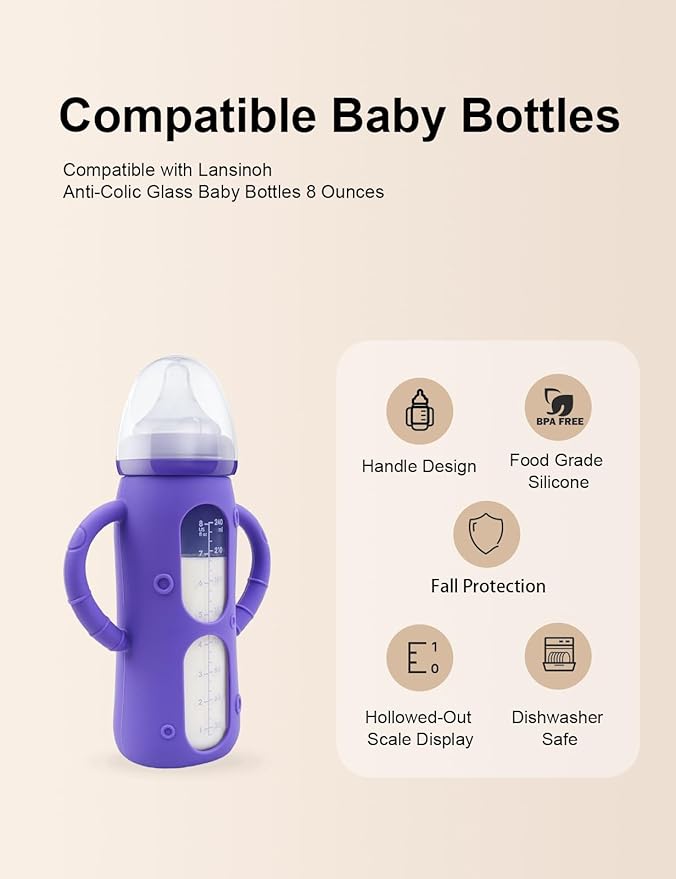 ZCH 4-Pack Silicone Sleeves with Handles for Lansinoh Glass Bottles, BPA-Free Drop-Resistant Baby Bottle Sleeves with Handles, Compatible with Lansinoh Anti-Colic Glass Baby Bottles (8 oz)