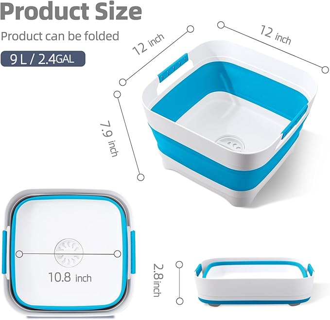 Collapsible Wash Basin for Baby Bottles - 2.4 Gallons Portable Wash Bin for RV Camping Sink, Space-Saving Dish Tub.Laundry & Utility Room Sinks (Blue)