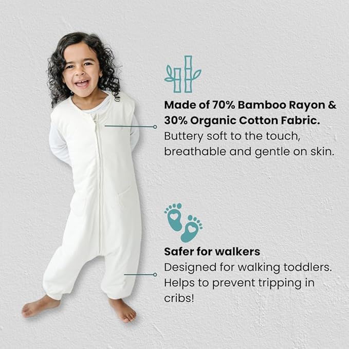 Tealbee Dreamsuit Toddler Sleep Sack with Feet – Walker Sleep Bag with Legs, Rayon made from Bamboo, All Season 1.2 TOG, 2-Way Zipper, 3T-4T - Undyed