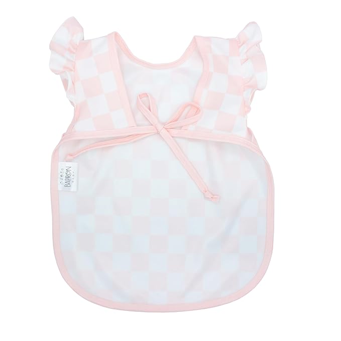 BapronBaby Pink Flutter Checkerboard Bapron - No Neck Tie Safer Bib for Baby & Toddler - Soft Waterproof Stain Resistant - Machine Washable - Sz Preschool 3-5yrs