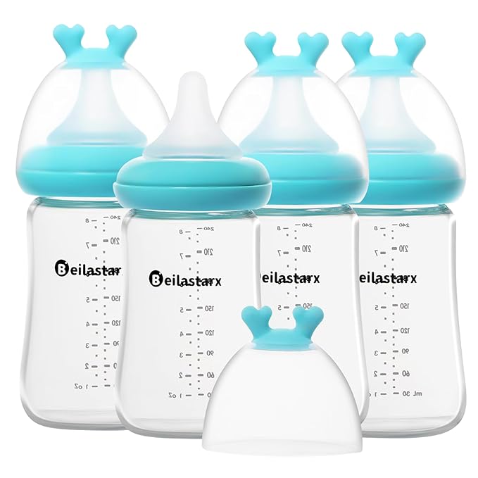 Glass Baby Bottles with Natural Response Nipple Size M - Anti Colic Baby Bottles Wide Neck Slow Flow Baby Bottle (Blue, 8oz (Pack of 4))