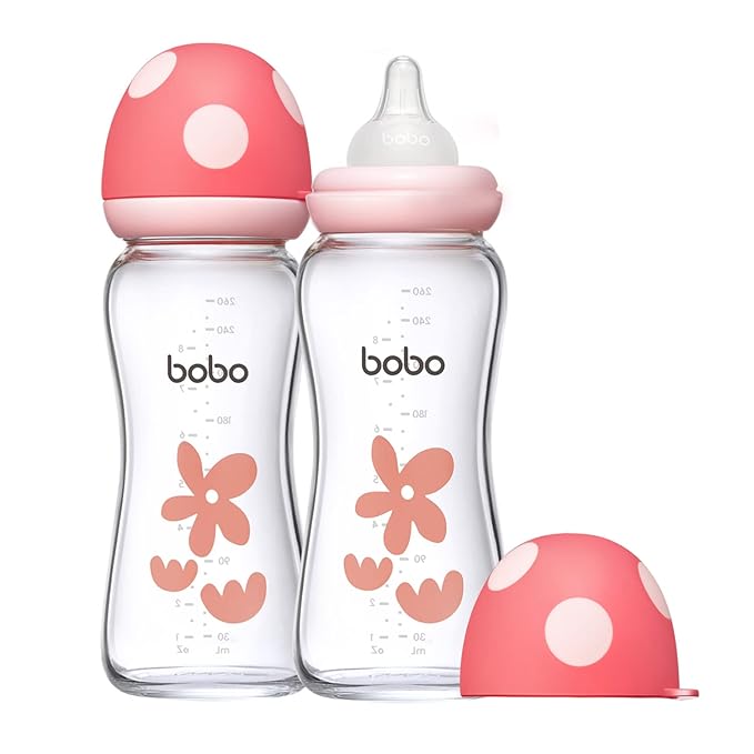 YOHKOH Natural Glass Baby Bottle with Natural Response Nipple, Newborn Anti-Colic Baby Bottles, Wide Neck Mushroom Cap Baby Bottle, Clear (8.8oz (Pack of 2), Red-A)
