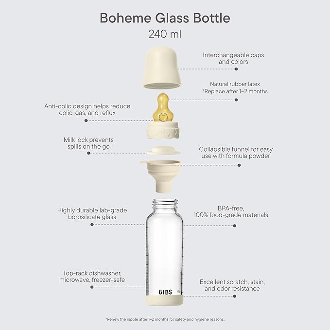 BIBS Boheme Baby Glass Bottle 8 oz /240 ml. Anti-Colic. Round Natural Rubber Latex Nipple. Supports Natural Breastfeeding - Violet Sky