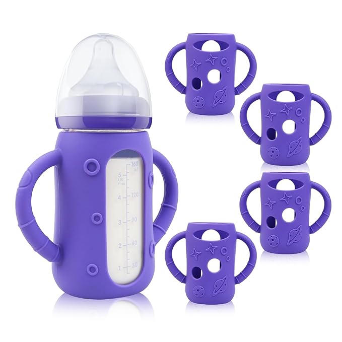 ZCH 4-Pack Silicone Sleeves with Handles for Lansinoh Glass Bottles, BPA-Free Drop-Resistant Baby Bottle Sleeves with Handles, Compatible with Lansinoh Anti-Colic Glass Baby Bottles (5 oz)