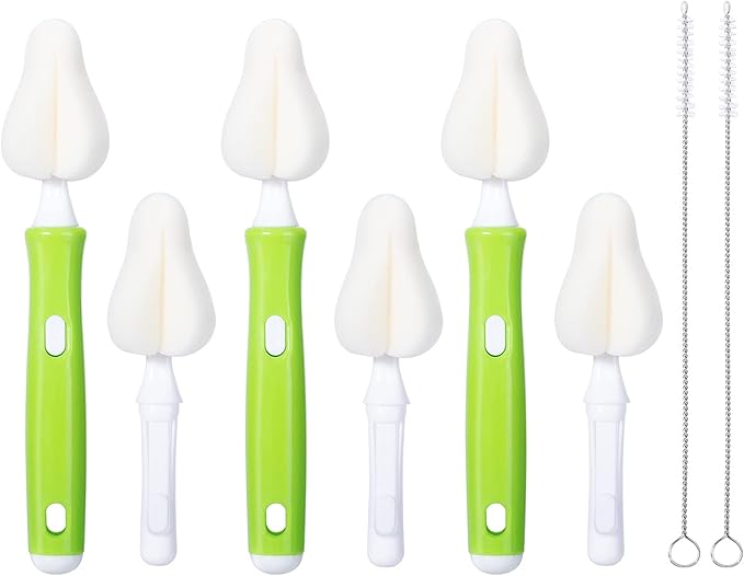 8 Piece Sponge Nipple Bottle Brushes, Baby Bottle Brush with 3 Piece Nipple Cleaner, 3 Piece Replacement Heads and 2 Piece Straw Brushes, Green