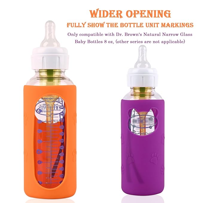 4 Pack Silicone Sleeves for Dr Brown's Glass Baby Bottles, Anti Breakage Baby Bottle Holder, Compatible Dr. Brown's Natural Narrow Glass Baby Bottles 8 oz, BPA Free (White+Pink+Purple+Orange)