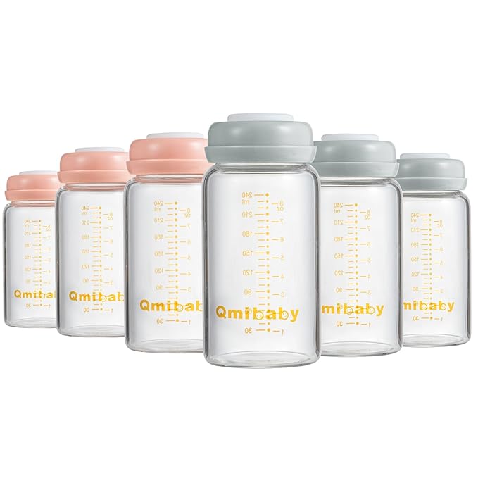 Breast Milk Storage Bottles 240ml 8oz BPA-Free Leak-Proof Natural Baby Bottle for Breastmilk Storage Wide Neck Bottles with Screw Ring Sealing Disk Breastfeeding (Grey+Pink, 240ml-6Packs)