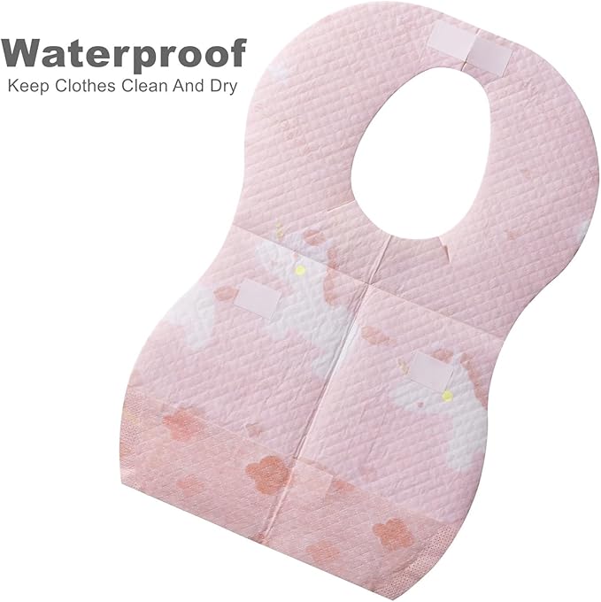 SUNVENO Disposable Baby Bibs with Crumb Catcher Pocket, Leakproof Liner, Adjustable Adhesive Tabs, Individually Wrapped