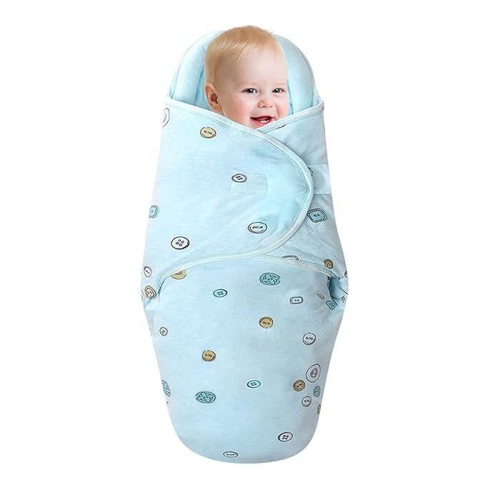 Premium Soft Cotton Baby Swaddle Blankets, Unisex Baby Blanket Wrap for Newborn Baby Boys Girls, Skin Friendly Wearable Swaddling Sleep Sack Calms Startle Reflex (Button, Blue, 3-6 Months)