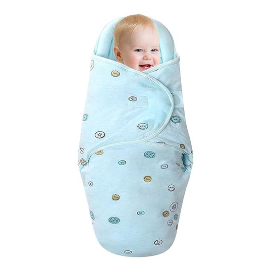 Premium Soft Cotton Baby Swaddle Blankets, Unisex Baby Blanket Wrap for Newborn Baby Boys Girls, Skin Friendly Wearable Swaddling Sleep Sack Calms Startle Reflex (Button, Blue, 3-6 Months)