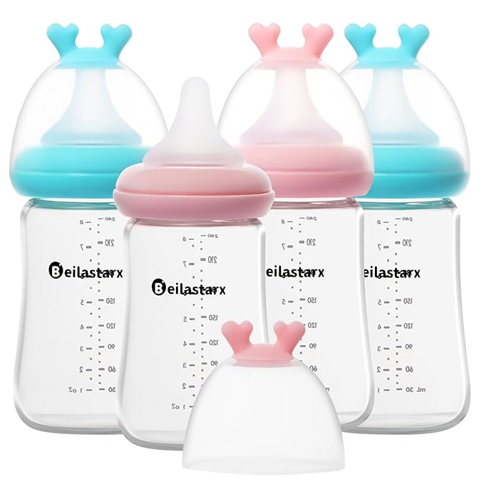 Glass Baby Bottles with Natural Response Nipple Size M - Anti Colic Baby Bottles Wide Neck Slow Flow Baby Bottle(Multicolor, 8oz (Pack of 4))