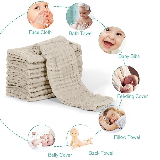 Yoofoss Muslin Burp Cloths for Baby 10 Pack 100% Organic Cotton Baby Washcloths for Boys Girls Large 20''X10'' Super Soft and Absorbent Apricot White