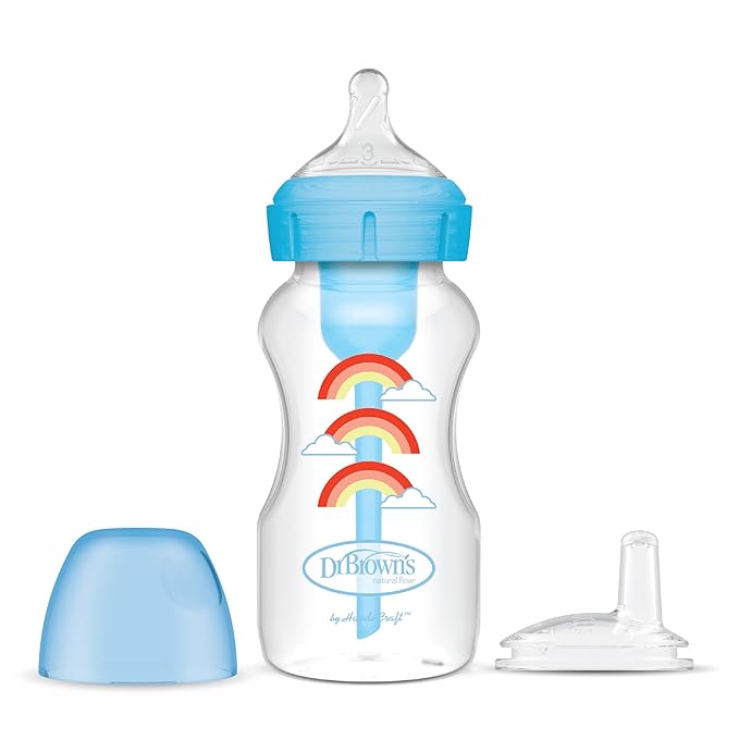 Dr. Brown's Anti-Colic Options+ Wide-Neck Sippy Bottle Starter Kit, 9oz/270mL, with Level 3 Medium-Fast Flow Nipple and Soft 100% Silicone Sippy Spout, Blue, BPA Free, 6m+