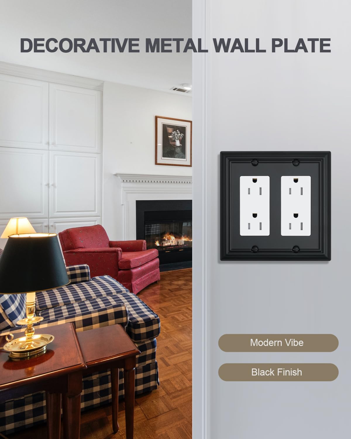 2-Pack Double Decorator Outlet Covers, Decorative Black Wall Plates, Metal Face Plates for Receptacle, GFCI Outlet, Dimmer Switch, 4.96''*4.88'', Midsize