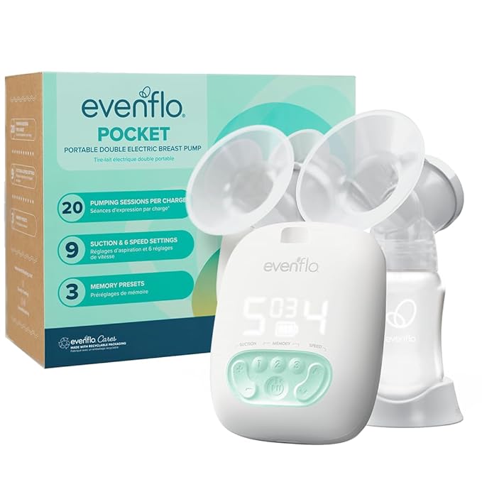 Evenflo Pocket Portable Double Electric Breast Pump, White, 20 Pumping Sessions per Charge, 9 Suction Settings, 3 Memory Presets
