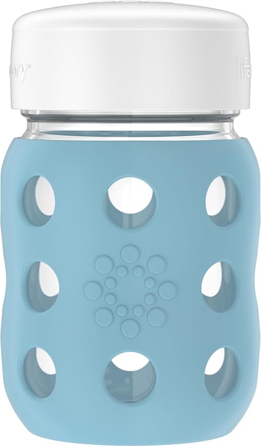 Lifefactory 8-Ounce Wide Neck Glass Baby Bottle with Protective Silicone Sleeve and Flat Cap, Denim (LG2231WDE4)