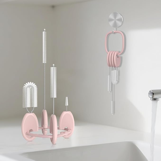 YOTIME Standing Straw Cleaner Brush Set, 4in1 Reusable Straw Brushes with Holder Ring, for Baby Bottles, Sippy Cups and Lids, Pink