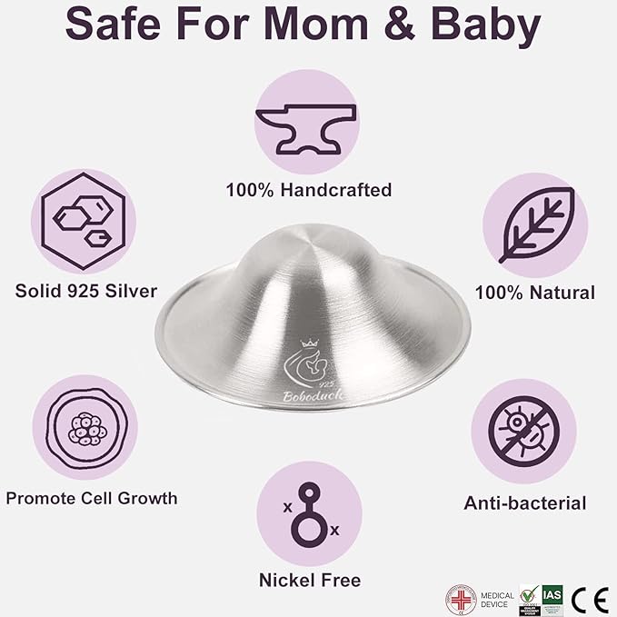 Boboduck Nipple Shields for Nursing Newborn - 925 Silver Nursing Cups Protect Your Nursing Nipple, Newborn Must Haves Nipple Pads, Nipple Covers Protector for Breastfeeding (Large Size)