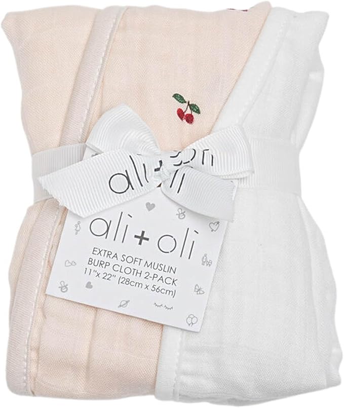 Ali+Oli 2-pk Muslin Burp Cloths for Baby Boys and Girls (Cherry-White) Organic Baby Burp Cloth, Burp Rags for Newborn