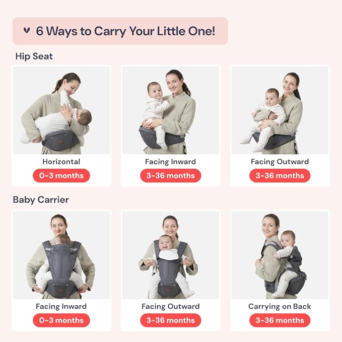 BabbleRoo Grow Carrier – Safety-Certified 6-in-1 Baby Carrier with Hip Seat, Ergonomic & Adjustable Toddler Carrier 7-50 lbs with Hip Support, Hood for Sun Protection, Newborn to Toddler, Gray