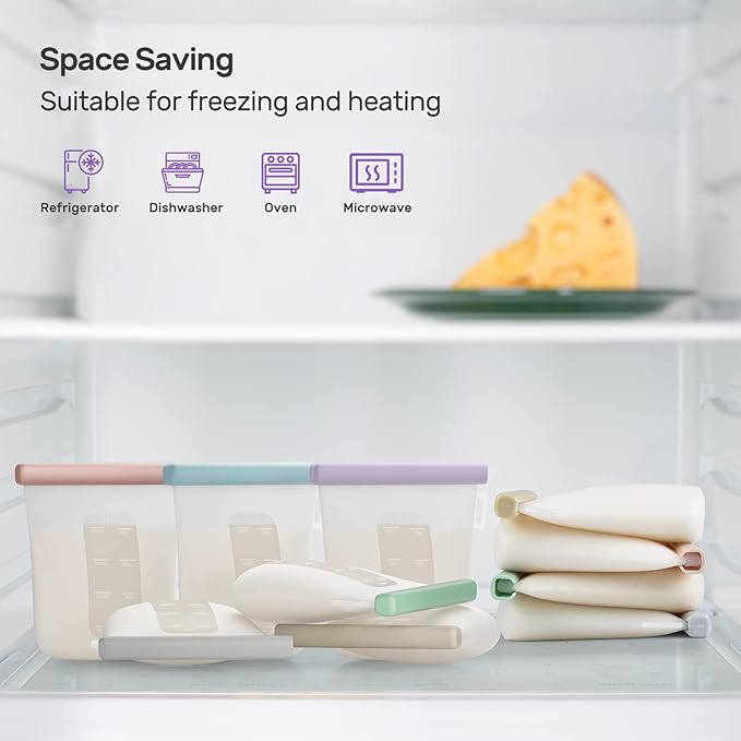 Nuliie 7 Pcs Silicone Breastmilk Storage Bags Reusable, 8oz/240ml Double Leak-Proof Breastmilk Freezer Bags, BPA Free Self-Standing Milk Bags for Breastfeeding, Baby Food Pouches
