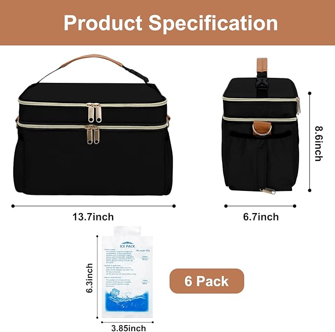 Breastmilk Cooler Bag with 6 Ice Pack, Wearable Breast Pump Bag Compatible with Willow, Elvie, Medela & Momcozy M5/S12 Pro Pumps & Accessories for Work, Travel and Family Use Black
