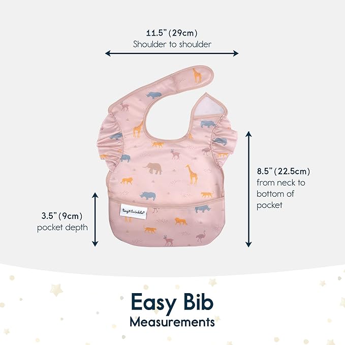 Tiny Twinkle Mess Proof Baby Bibs for Eating – Waterproof, Wipeable Toddler Bibs with Pocket – Baby Food Bibs for Girls & Boys(3 Pack,Petite Safari)