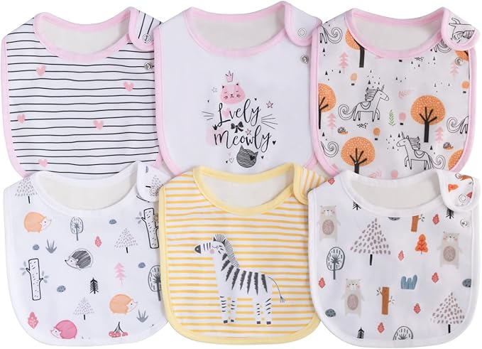 Maiwa 6 Pack Waterproof Cotton Baby Bibs for Girls Boys for Drooling Eating with Snaps