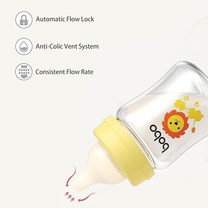 YOHKOH Glass Baby Bottles with Slow Flow Nipple, Newborn Anti-Colic Baby Bottles for 0+ Months, Wide Neck Feeding Bottle, Clear (Yellow, 5oz (Pack of 4))