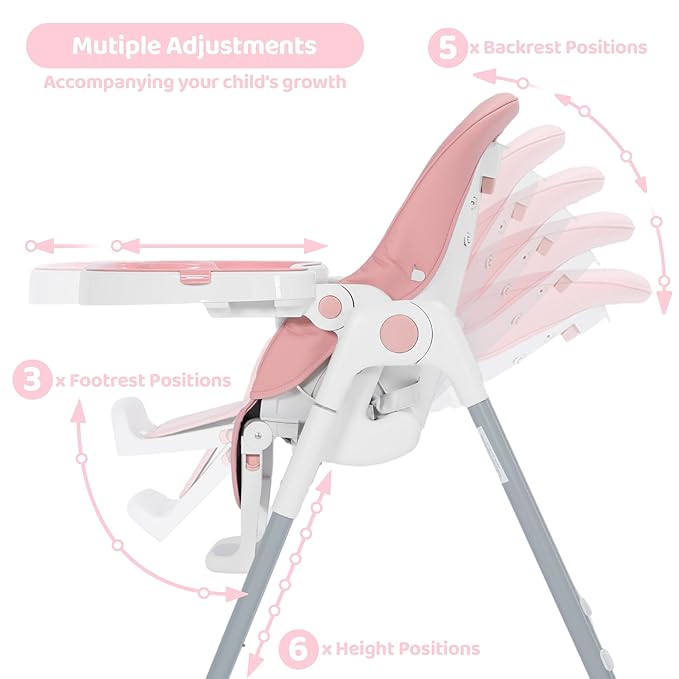 3 in 1 Foldable Baby High Chair, Infant High Chairs for Babies and Toddlers, 6 Height & 5 Recline Adjustable Toddler Feeding Chair, 2 Tray Depth & 3 Footrest Angles, 2 Built-in Wheels, Pink