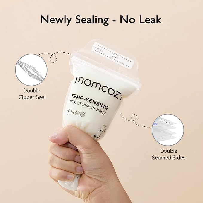 Momcozy Breastmilk Storing Bags, Temp-Sensing Discoloration Milk Storing Bags for Breastfeeding, Disposable Milk Storage Bag with 6 Ounce Self Standing, No-Leak Milk Freezer Storage Pouches, 50pcs
