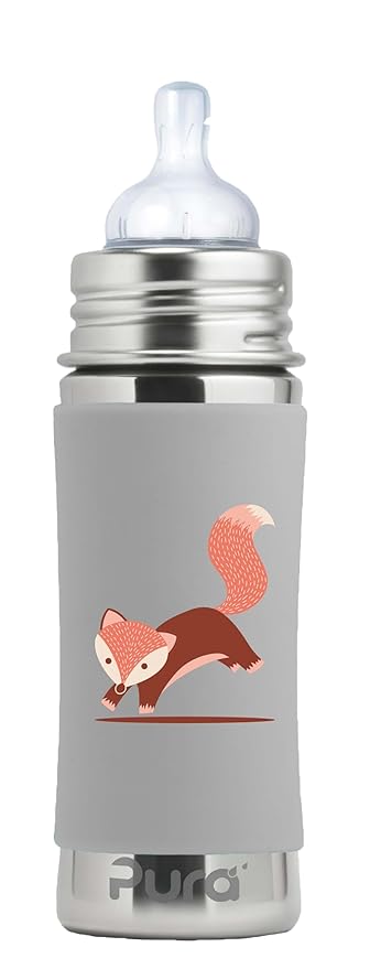 Pura Kiki 9oz/275ml Stainless Steel Infant Bottle w/Sleeve, Anti-Colic, 100% Plastic-Free, MadeSafe Certified, Medical-Grade Silicone, Medium-Flow Nipple, for Babies 3 Months & Up - (Fox)