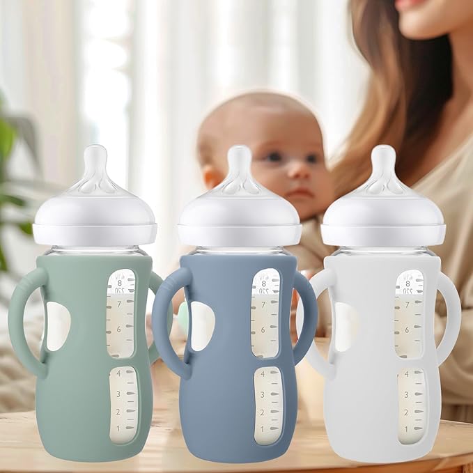 BUSOHA 3 Pack Silicone Sleeves for Avent Baby Bottles - Anti Breakage Baby Bottle Holder with Handle for Avent Natural Glass Baby Bottles,Compatible with Avent Baby Bottle,8 OZ