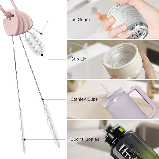YOTIME Standing Straw Cleaner Brush Set, 4in1 Reusable Straw Brushes with Holder Ring, for Wide and Narrow Straws, Tumblers, Water Bottles and Cups, Pink