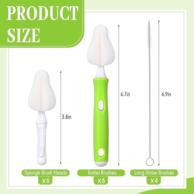 22 Pcs Sponge Bottle Nipple Brushes Set Including 12 Pcs Bottle Sponge Brush Heads 6 Interchangeable Nipple Brush Handles and 4 Long Straw Brushes for Baby Bottles