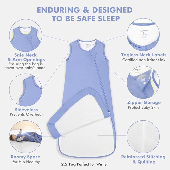 HAPIU Rayon Made from Bamboo Winter Baby Sleep Sack 2.5 TOG, 2-Way Zipper YKK, Warm Quilted Wearable Blanket