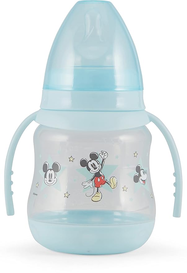 Disney 2 Pack 7 Ounce Baby Bottles with Character Prints and Colored Covers with Double Handle - BPA Free and Easy to Clean